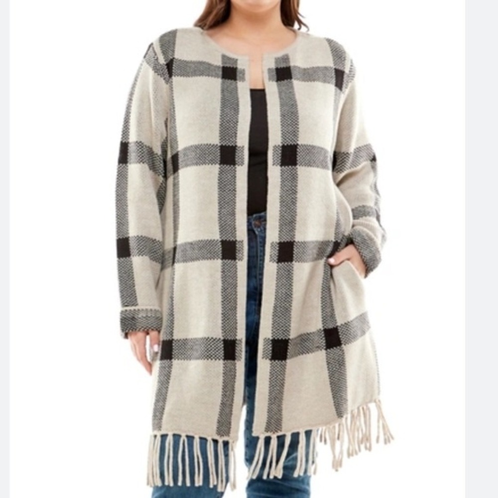 Adrienne Vittadini 3X Open Fringe Cardigan Long Sleeve Oatmeal Duster Sweater‎